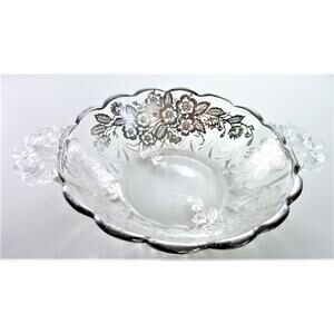 Vintage Glass Candy Nut Bowl Silver Inlay Flowers Coffee Tea Station Condiment